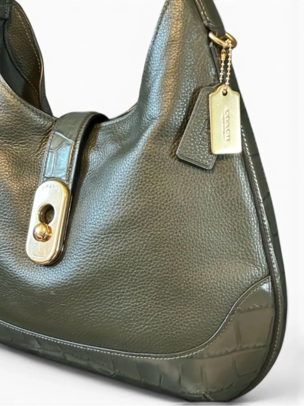 COACH Amber Pebble and Exotic Leather Hobo Shoulder Bag in Ivy